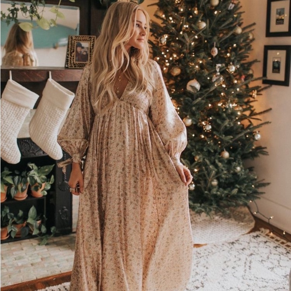 Free People Luxalina Metallic Silk Shimmer V Neck Maxi Dress